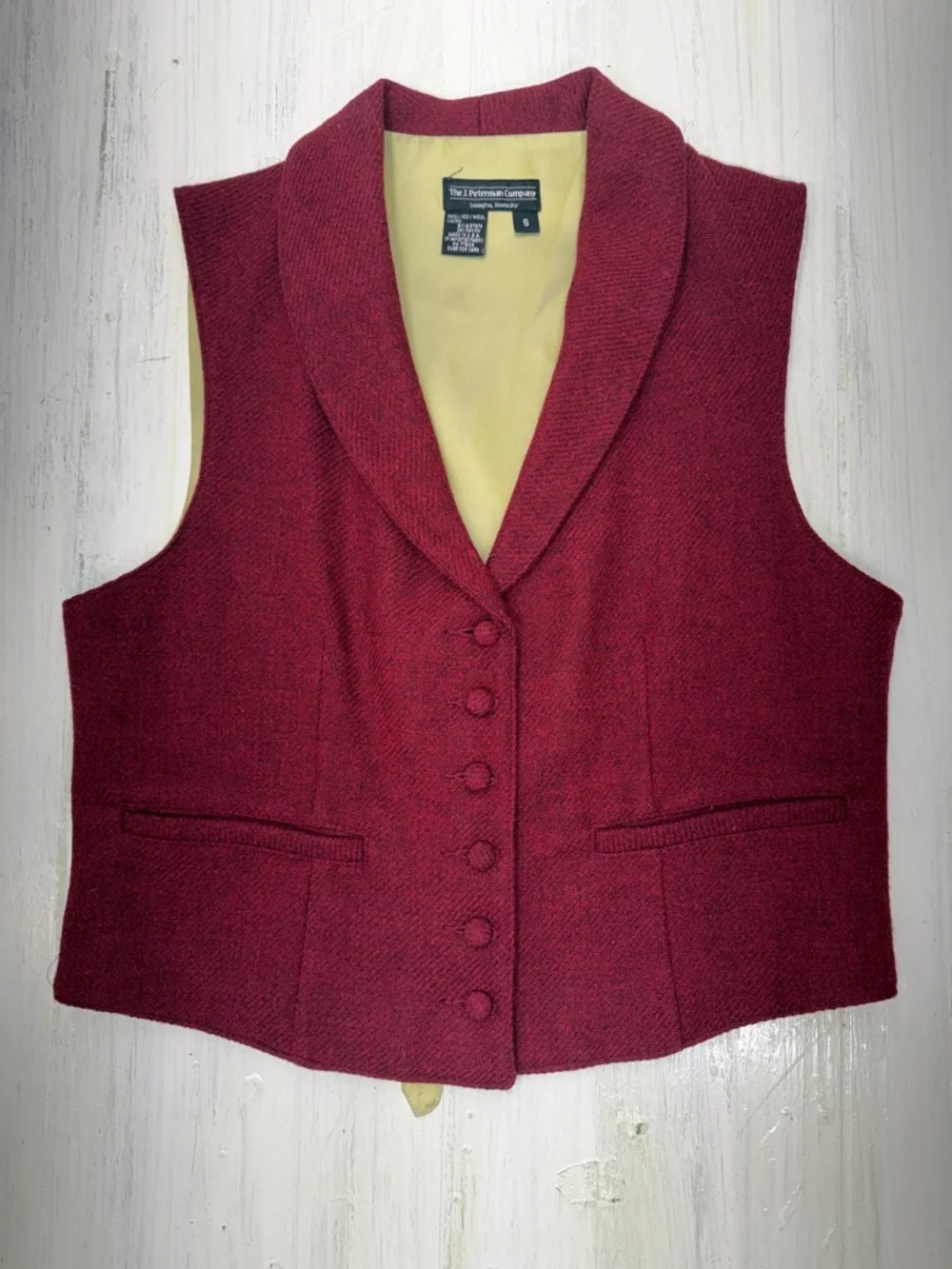90s VTG The J. Peterman Company Deep Burgundy Shawl-Collar Wool Vest Sz S